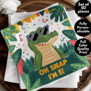 Personalized Birthday Napkin, Alligator Party, Fun Celebration, Oh Snap Im 5, Jungle Themed, Kids Birthday Party Card