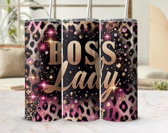 Glam Glitter Leopard Tumbler Wrap, Boss Lady Tumbler Wrap, Pink Gold Leopard Print Tumbler Design, Empowerment PNG