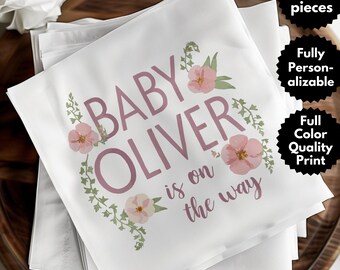 Personalized Baby Shower Napkin, Floral Baby Boy Party Decor, Custom Baby Announcement, Gender Reveal Party Napkins