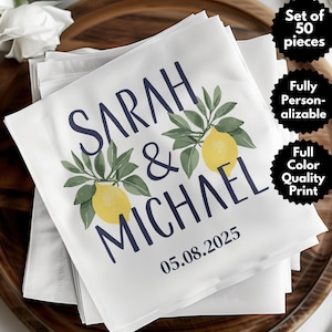 Serviettes de table de mariage personnalisées citron, motif feuille de citronnier, décoration de dîner de mariage noms de marié personnalisé, serviette de table jetable