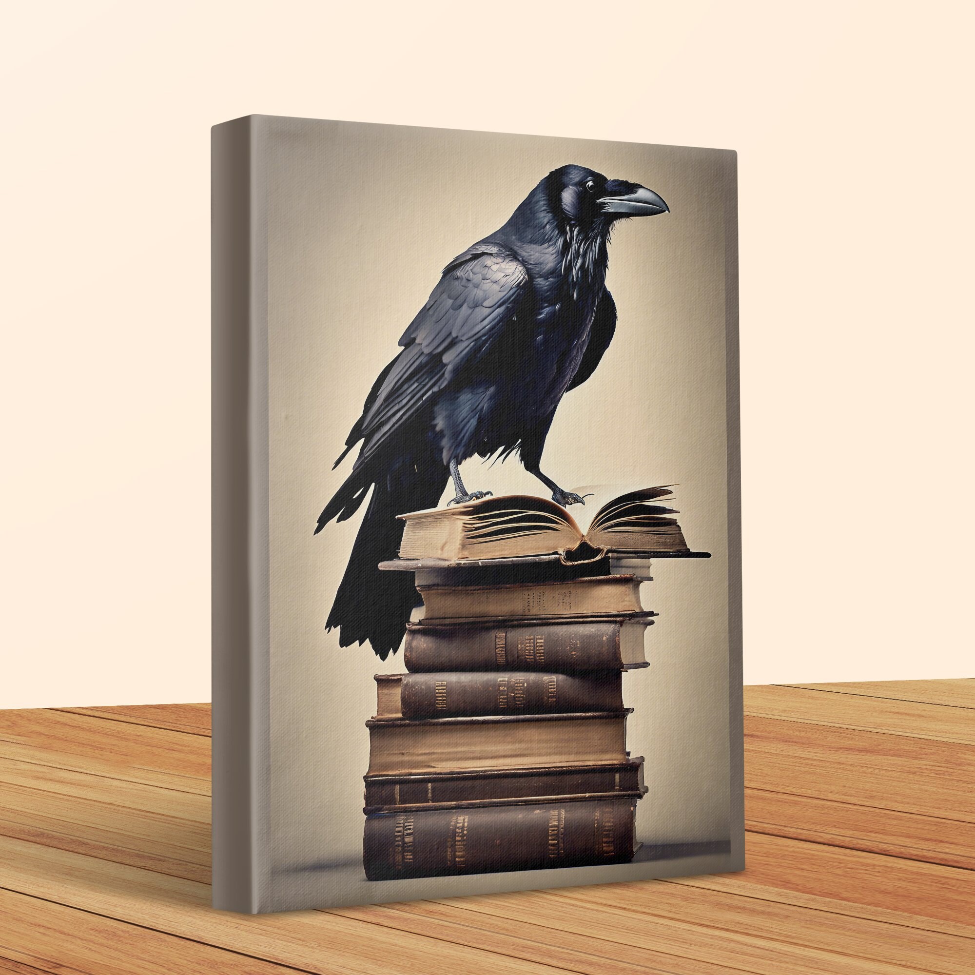 Raven Lib Raven on Antique Books Canvas Gallery Wrap, Gothic Bird Art Print for ...