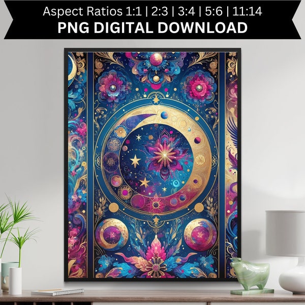 Celestial Moon and Stars Digital Art Print, Mystical Space Poster, Boho Chic Wall Decor, Astrology Downloadable PNG File