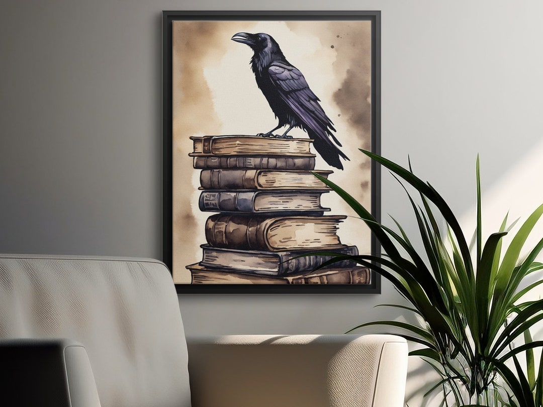 Raven on Vintage Books Digital Print, Gothic Bird Watercolor ...