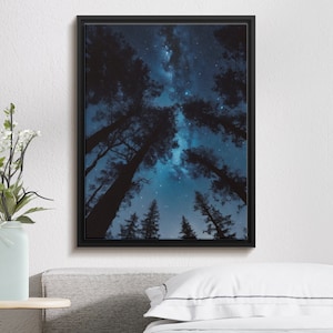 Sternennachthimmel-Wald-Leinwanddruck, Milchstraße-Galaxie-Bäume-Kunst, großes Wanddekor, von der Natur inspirierte Wohndekoration