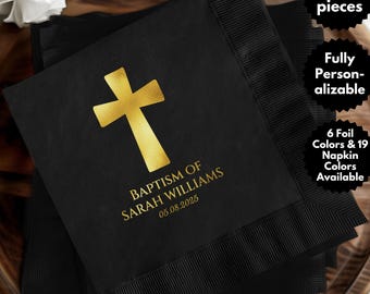 Baptism Napkins | Baptism Decor | God Bless Napkin | Personalized Napkins | Gold Foil Baby Napkin | Simple Cross Coaster