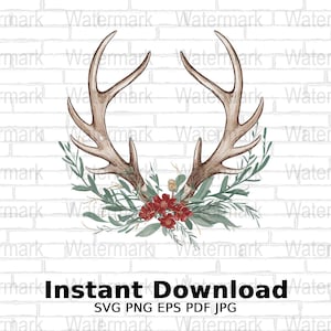 Corna di cervo rustiche Ghirlanda floreale SVG Png, File digitale per invito a nozze nel bosco, Festa nella foresta Boho Chic