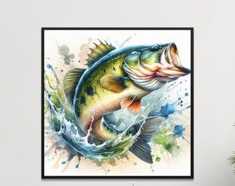 Póster de pesca en acuarela, arte mural de lubina negra, regalo para entusiastas de la pesca, decoración de pescador, impresión para amantes de la naturaleza