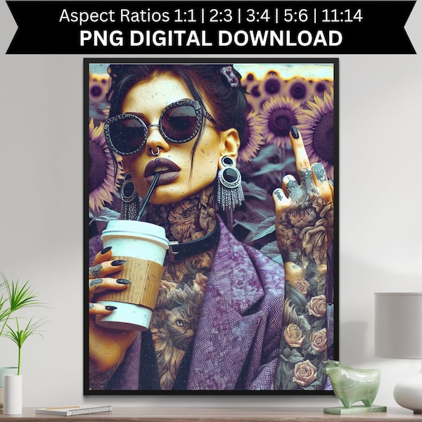 Bohemian Sunflower Tattoo Girl Digital Print, Chic Wall Art, Sunglasses and Coffee, Hipster Style PNG File