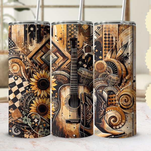 20oz Tumbler Wrap SVG, Western Style Guitar and Boots Design, Floral Cowboy Digital File, Sunflower and Music PNG