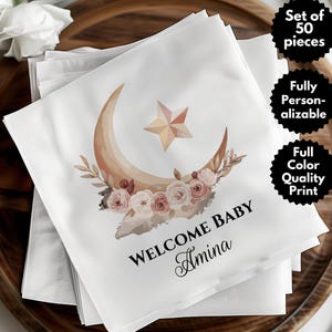 Serviette de table islamique personnalisée pour baby shower, serviette de table de bienvenue musulmane, croissant de lune floral et serviette étoile, invitation