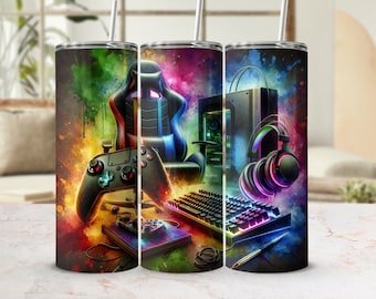 May include: A colorful, abstract design on a stainless steel tumbler features a gaming chair, a gaming console, a headset, and a keyboard. The design is reminiscent of a gamer's setup.
