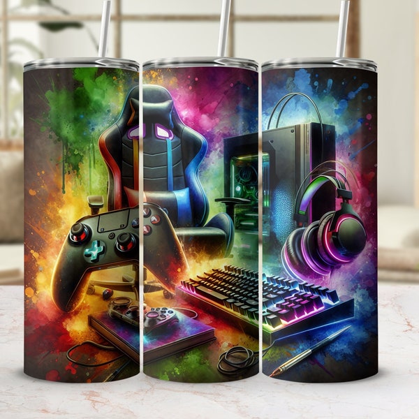 Gaming Gear 20oz Tumbler Wrap, Vibrante descarga digital PNG, Silla de juego de neón y diseño de vaso de auriculares