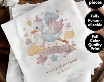 Personalized Baby Shower Napkin, Custom Stork Design Napkin, New Baby Napkin, Welcome Baby Napkin, Star Themed Napkin