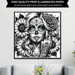 Day of the Dead Poster, Sugar Skull Girl Art, Floral Skull Canvas, Tattoo Art Print, Gothic Home Decor, Monochrome