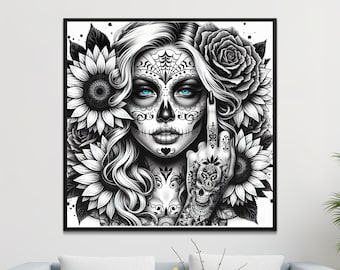 Day of the Dead Poster, Sugar Skull Girl Art, Floral Skull Canvas, Tattoo Art Print, Gothic Home Decor, Monochrome