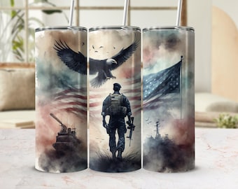 Patriotic 20oz Tumbler Wrap Digital Download, Military Soldier with American Flag and Eagle Tumbler PNG, USA Pride