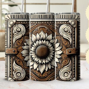 Sunflower Leather Western Style Tumbler Wrap, 20oz Digital PNG File, Vintage Floral Design, Unique Drinkware Accessory