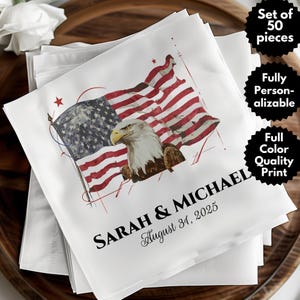 Serviette de table de mariage patriotique personnalisée, sous-verres drapeau américain et pygargue à tête blanche, serviettes de table de mariage militaire, cartes d'invitation