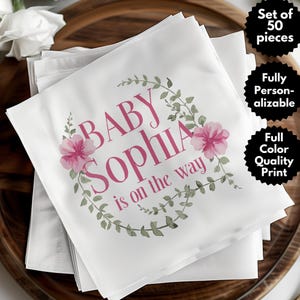 Serviettes de table pour baby shower personnalisées, serviette de table pour cocktail prénom de bébé personnalisée, baby shower fille, décoration de fête selon le sexe, carte