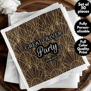May include: A set of 50 white napkins with a gold and brown geometric pattern. The napkins feature the text "GREAT OLIVER Party 05.08.2025".