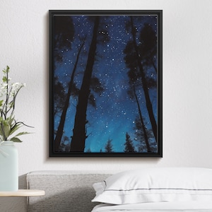Impresión de lienzo del bosque del cielo nocturno estrellado, cartel del cielo nocturno azul, arte de la pared de la naturaleza, decoración del dormitorio grande