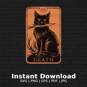 Téléchargement Png de carte de tarot, chat avec poignard art numérique, dessin de chat carte de tarot vintage, téléchargement d'art mural gothique