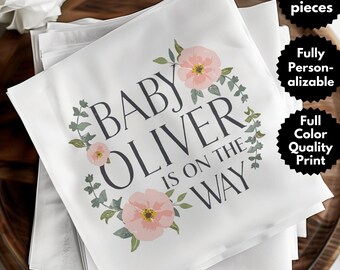 Personalized Baby Shower Napkin, Baby Boy Is On The Way, Floral Baby Shower Decor, Girl Baby Announcement Party Napkin
