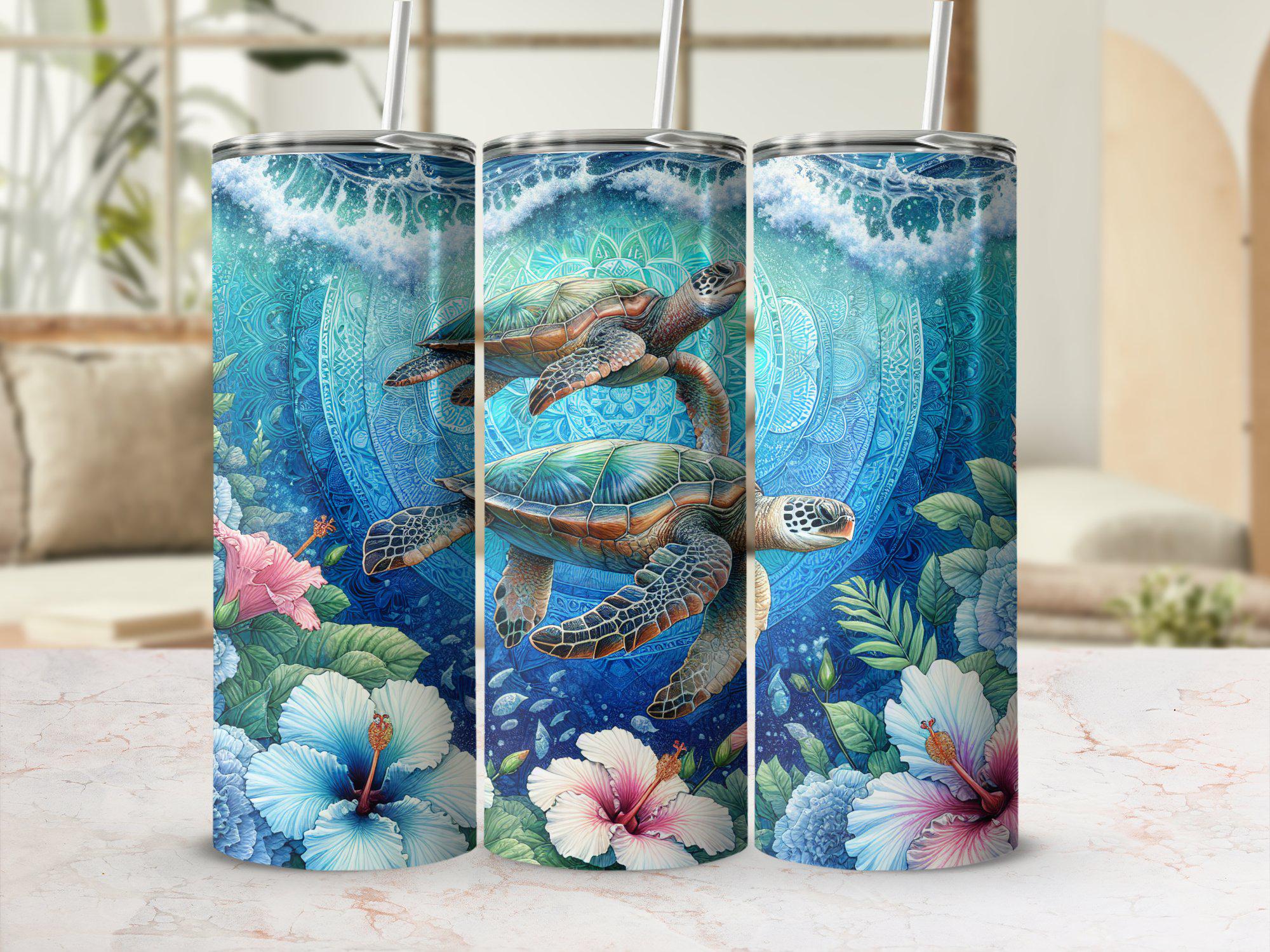 Watercolor Sea Turtle Tumbler Wrap, Marine Life Turtle Wrap, Ocean Lover Tumbler Wrap PNG, Beach Vibes Tumbler Design