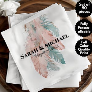 Serviette de table de mariage bohème personnalisée, serviettes de table plumes chics, cartes d'invitation attrape-rêves, serviettes de table de réception de mariage personnalisées