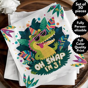Personalized Kids Birthday Party Napkin, Fun Alligator Theme, Oh Snap I&#39;m 3, Invitation Card, Custom Birthday Coasters