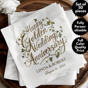 Serviette de table d'anniversaire de mariage dorée personnalisée, décoration de fête personnalisée 50e anniversaire, serviettes de table de bar mariage doré en vrac