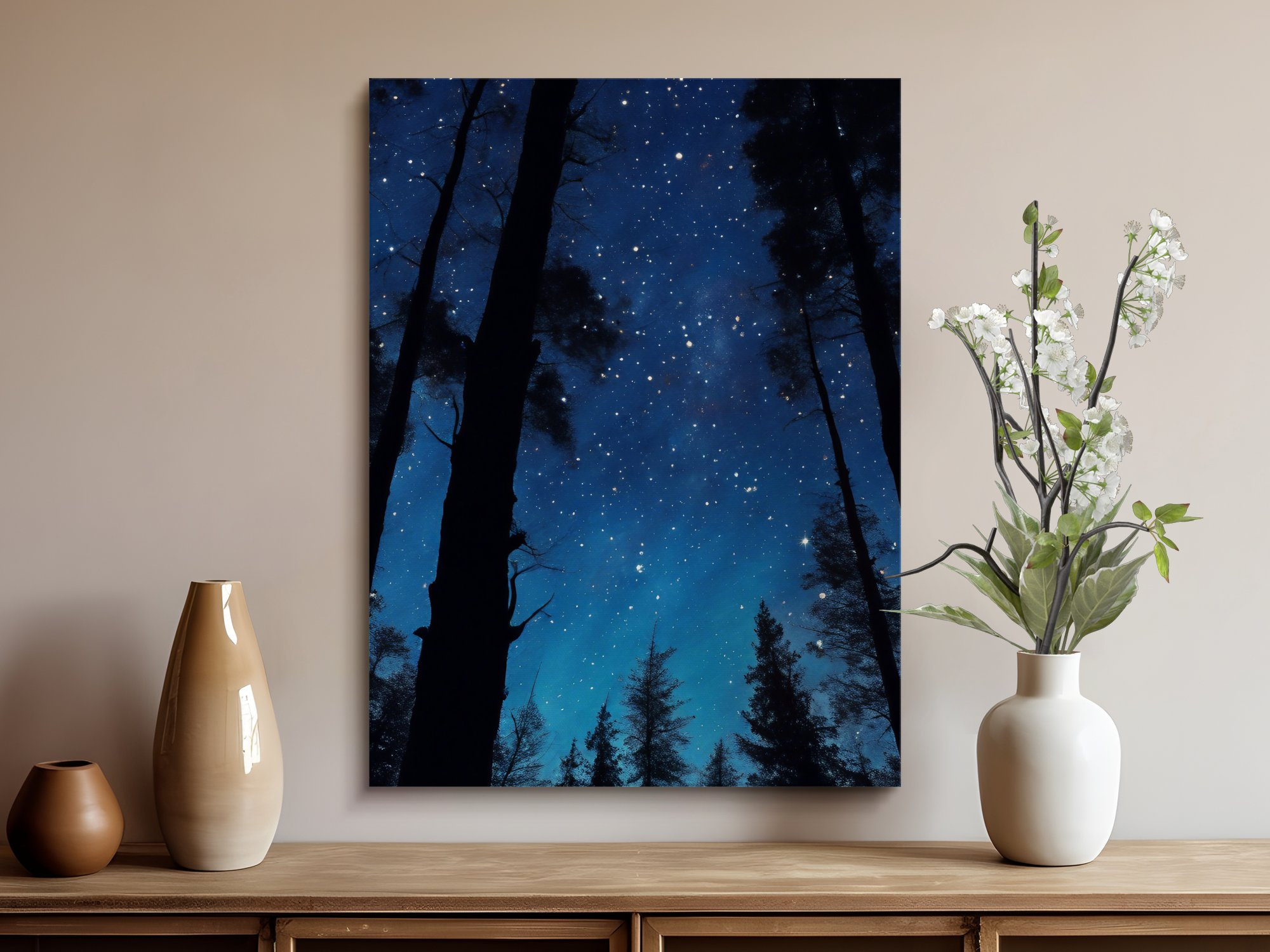 Starry Night Sky Forest Canvas Print, Blue Night Sky Poster, Nature ...