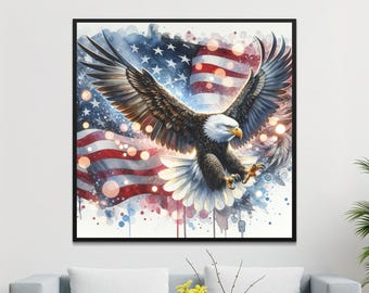 Poster aquarelle American Eagle, art mural patriotique, décoration drapeau des Etats-Unis, toile pygargue à tête blanche, cadeau fête de l'indépendance