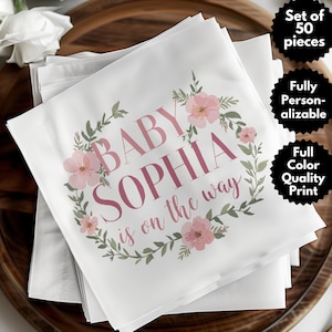 Serviette de table personnalisée pour baby shower, serviette de table prénom personnalisée florale, décor personnalisé révélation de sexe, carte de bienvenue de petite fille