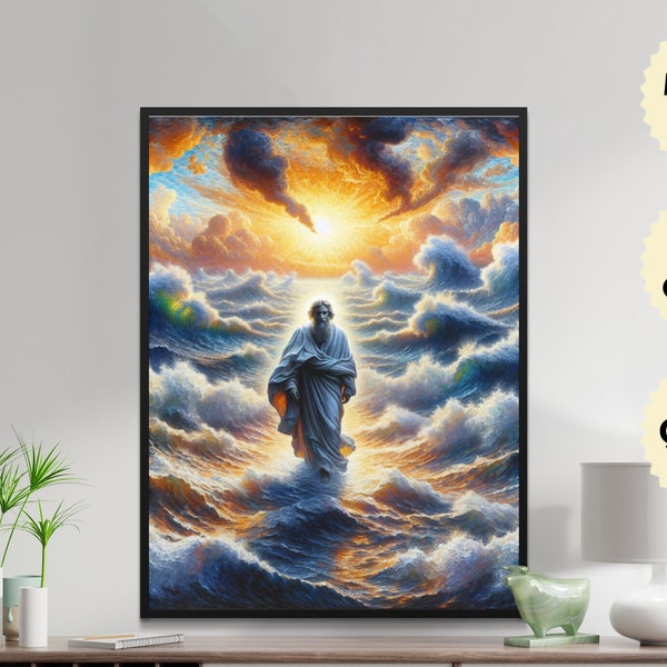 Spiritual Ocean Art, Walking Divine Figure, Dramatic Sunrise Canvas, Inspirational Wall Decor, Religious Poster, Large Print