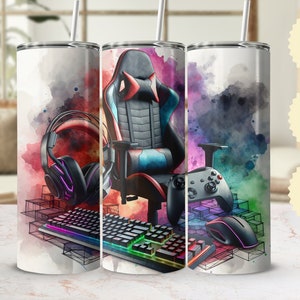 Colorful Gamer Setup Digital Tumbler Wrap - Gaming Chair, Headset, Controller, Keyboard Watercolor PNG Print File
