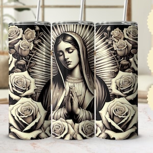 Virgen María y Rosas 20oz Tumbler Wrap, Archivo Digital PNG, Diseño de Vaso de Arte Religioso, Regalo Espiritual, Floral Gótico