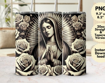 Virgen María y Rosas 20oz Tumbler Wrap, Archivo Digital PNG, Diseño de Vaso de Arte Religioso, Regalo Espiritual, Floral Gótico