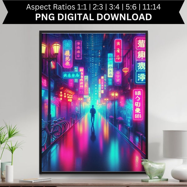 Cyberpunk Cityscape Digital Print, Neon Lights Street View, Urban Wall Art Poster, Home Decor Download