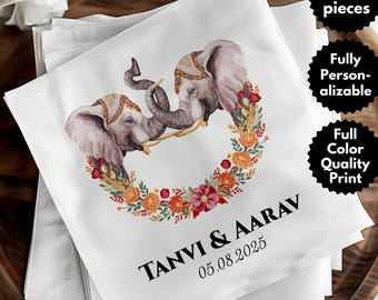Personalized Hindu Wedding Napkin, Custom Elephant Napkin, Floral Wedding Decor, Indian Wedding Invitation Cards