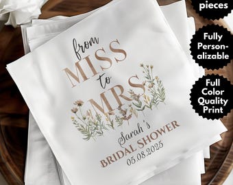 May include: A stack of 50 white paper napkins with a floral design and the text "from MISS to MRS Sarah's BRIDAL SHOWER 05.08.2025".