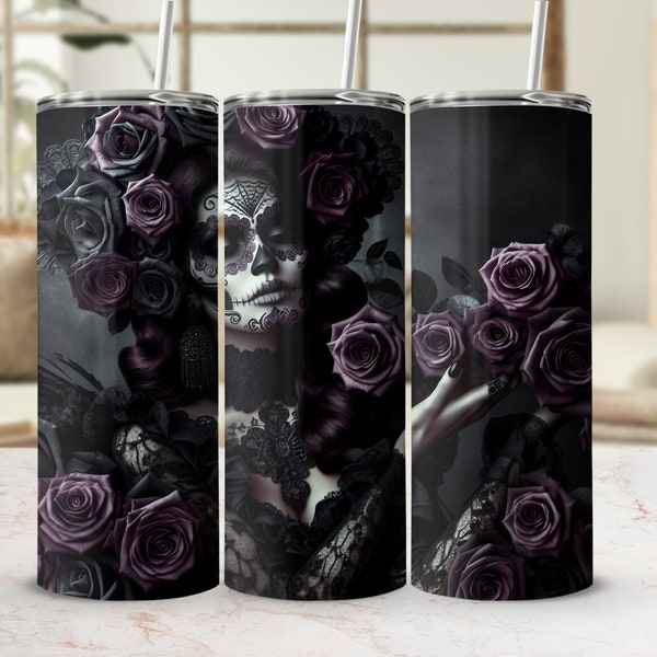 Gothic Sugar Skull 20oz Tumbler Wrap, Dark Floral Digital Print, Spooky Sublimation Design, Rose and Lace Tumbler