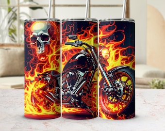 Motorcycle Skull Tumbler Wrap, Digital File for 20oz Tumblers, Flaming Biker Tumbler PNG, Custom Motorcycle Gift Idea