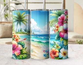 Tropical Beach Floral Tumbler Wrap, Watercolor Beach Scene, Hawaiian Hibiscus PNG, Nature Lover Tumbler Wrap, Coastal