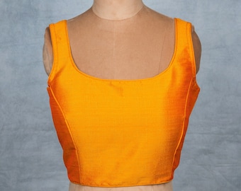 Yellow Raw Silk Saree Blouse: Sleeveless Padded Top