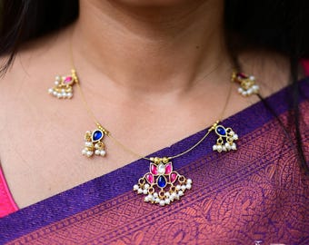 Lotus Pendant Necklace: Pink & Blue Kemp Stone, Invisible Chain