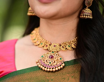 Kemp Stone Indian Necklace Set: Mango Design Jhumka Earrings