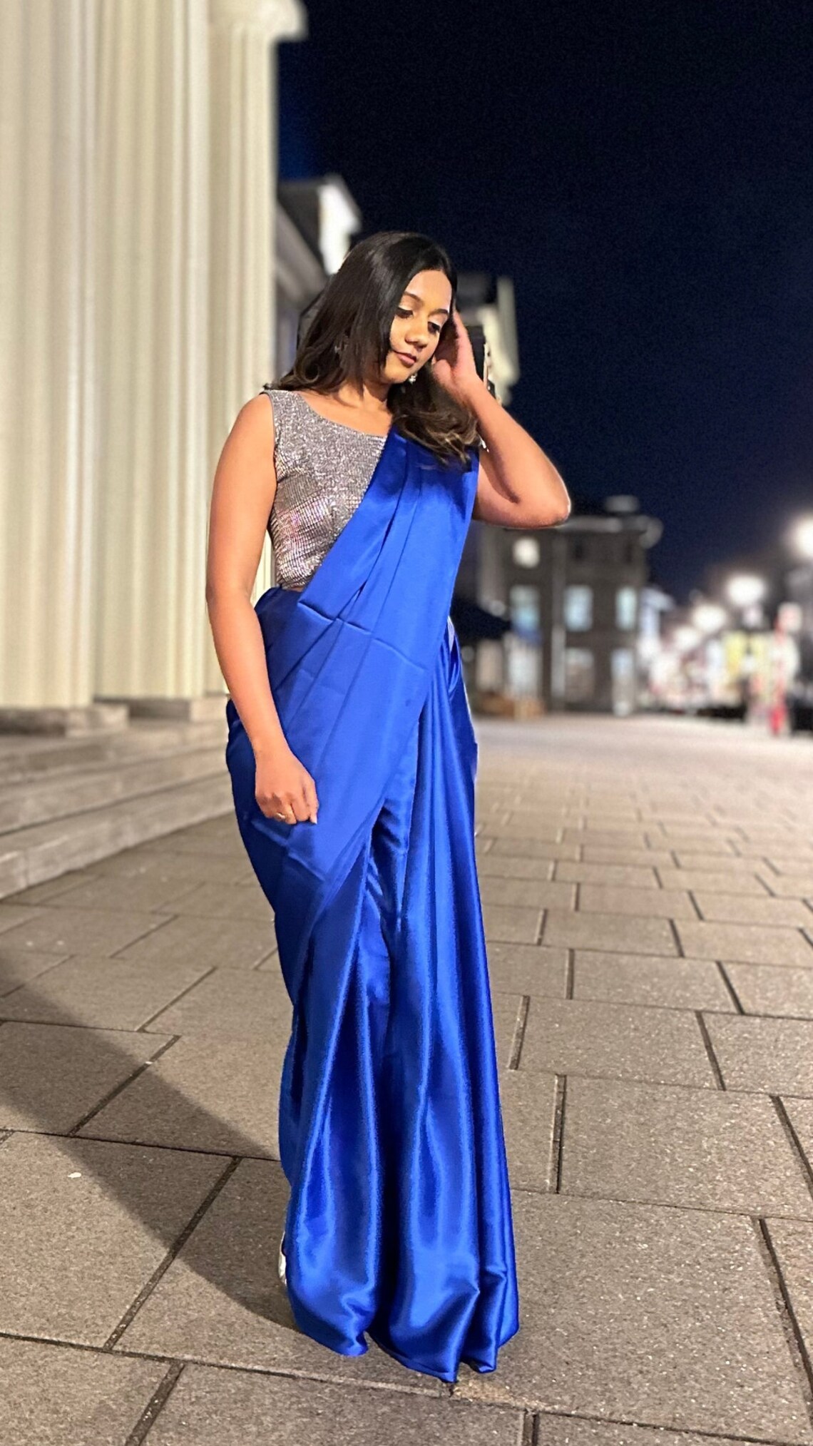 STONE BLUE PRE-DRAPED SATIN SAREE