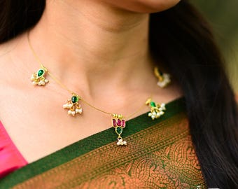 Pink Lotus Invisible Chain Necklace: Kemp Stone Indian Jewelry