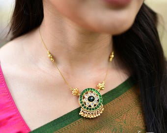 Floral Chakra Pendant Necklace: Green Kemp Stone, Imitation Gold Finish